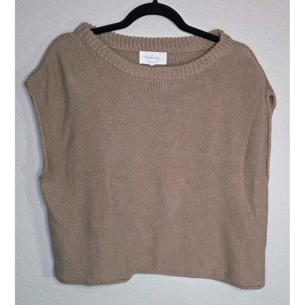 Neutral Knit Sweater Vest Boxy Cropped Cotton Beige Size L